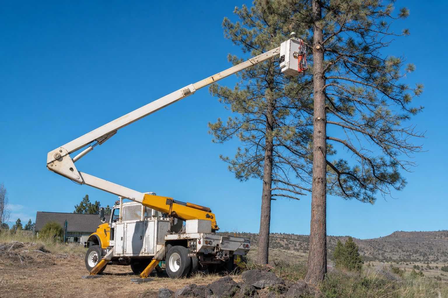 Bucket truck crew working high in a ponderosa pine near Deer Park